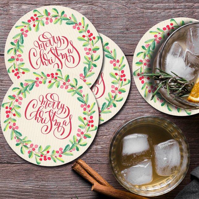 Elegant Merry Christmas Greenery and Berries Round Paper Coaster (Creator Uploaded)