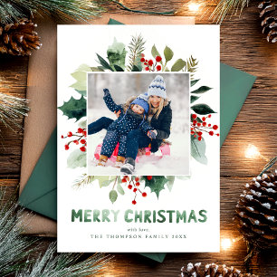 Elegant Merry Christmas Greenery Botanical Holiday Card