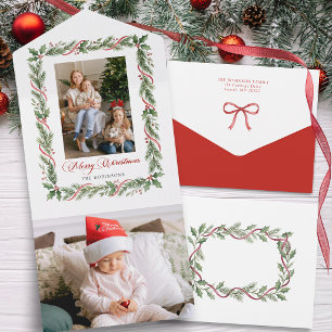 Elegant Merry Christmas Greenery w/Ribbon Photo All In One Invitation