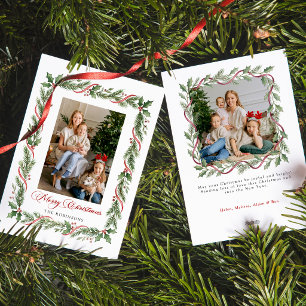 Elegant Merry Christmas Greenery w/Ribbon Photo Holiday Card