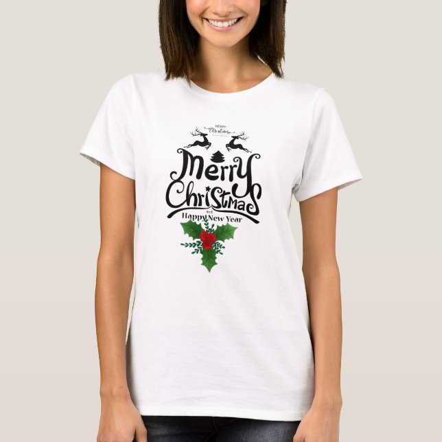Elegant "Merry Christmas Happy New Year" Typograph T-Shirt (Front)