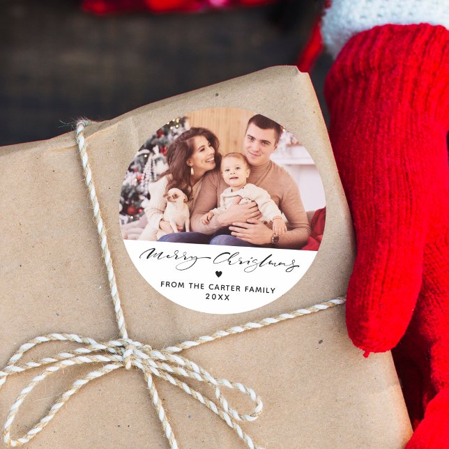 Elegant Merry Christmas Heart Family Photo Classic Round Sticker (Creator Uploaded)