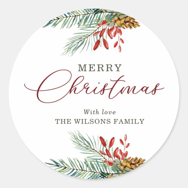 Elegant Merry Christmas Holly Berries Pinecones Classic Round Sticker (Front)