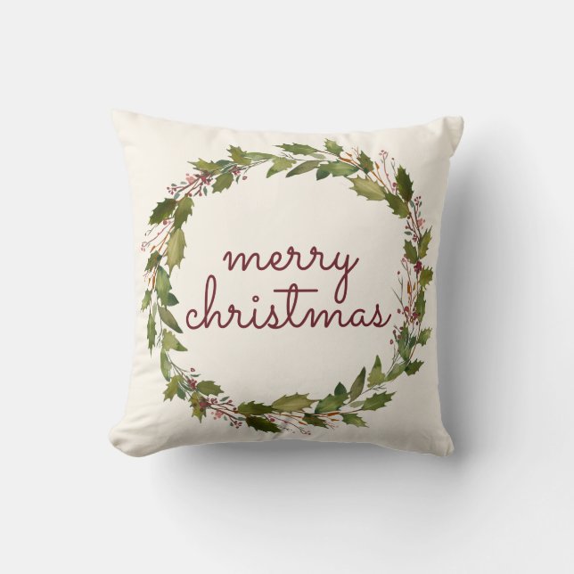 Elegant Merry Christmas Holly Berry Vintage Script Cushion (Front)