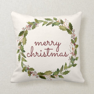 Elegant Merry Christmas Holly Berry Vintage Script Cushion