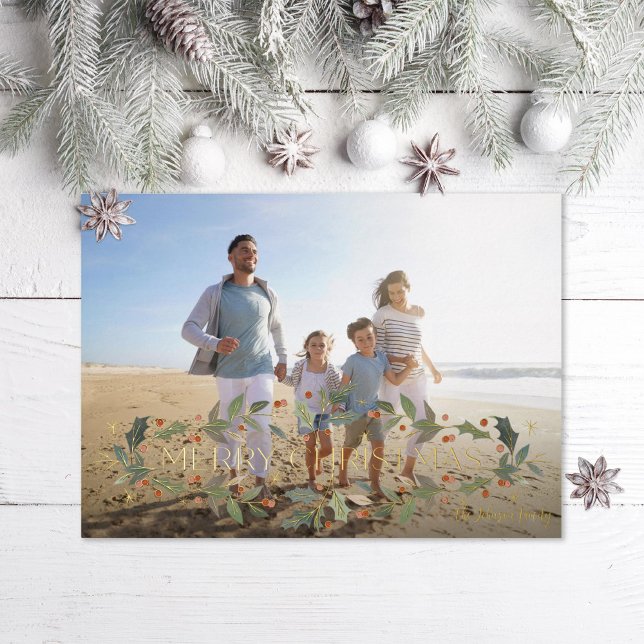 Elegant Merry Christmas Holly Photo Foil Holiday Card (Creator Uploaded)