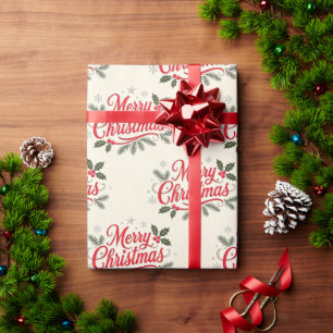 Elegant Merry Christmas Holly & Pine Branch Wrapping Paper