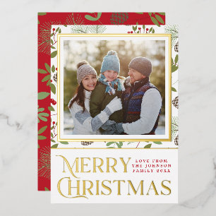 Elegant Merry Christmas Holly Pinecone Photo Foil Holiday Card