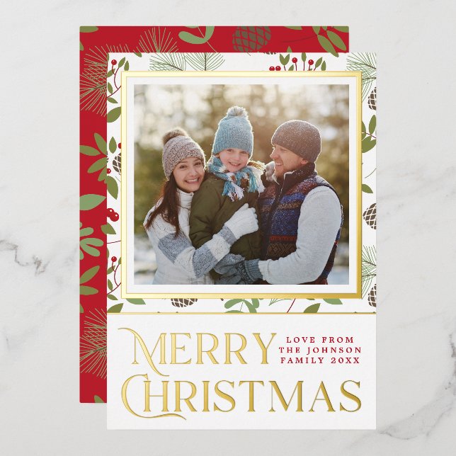 Elegant Merry Christmas Holly Pinecones Photo Gold Foil Holiday Card (Front/Back)