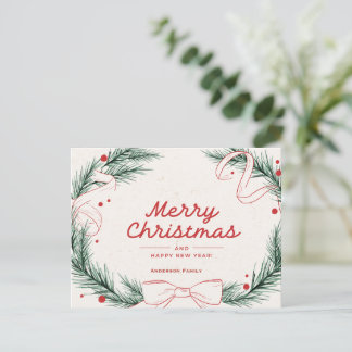 Elegant Merry Christmas Holly Wreath Family Name Holiday Postcard