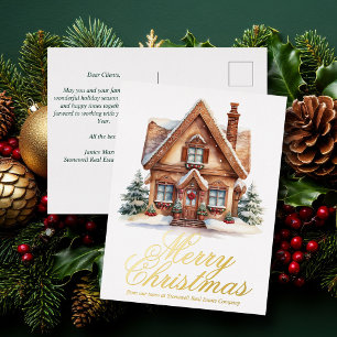 Elegant Merry Christmas House Custom Company Gold Foil Holiday Postcard