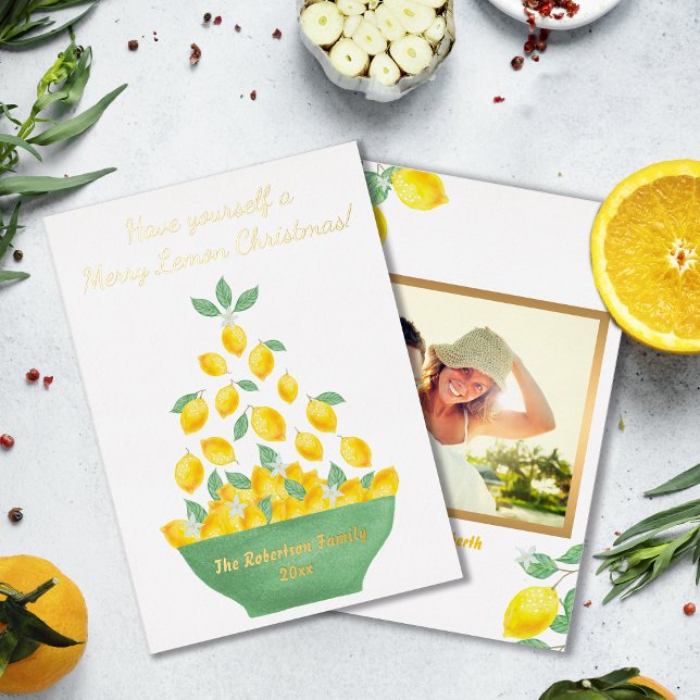 Elegant Merry Christmas Lemon Tree Custom Photo Foil Holiday Card (Creator Uploaded)