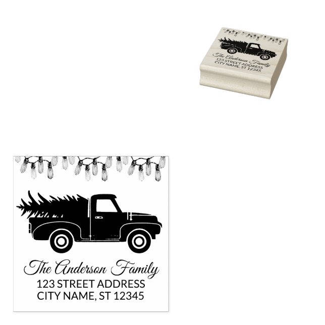 Elegant Merry Christmas Light Bulbs truck and tree Rubber Stamp (Stamped)