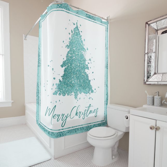 Elegant Merry Christmas | Luxe Aqua Mint Splatter Shower Curtain (In Situ)