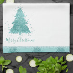 Elegant Merry Christmas | Luxe Aqua Mint Splatter Tea Towel<br><div class="desc">Tis the season to feast! Luxurious tiffany turquoise aqua blue and elegant mint green palette hand-lettered "Merry Christmas" and abstract tree kitchen and dining table decor collection. This fun festive design features a whimsical sparkly Christmas tree with a frisky paint splatter enhanced with faux metallic glitter along with the script...</div>