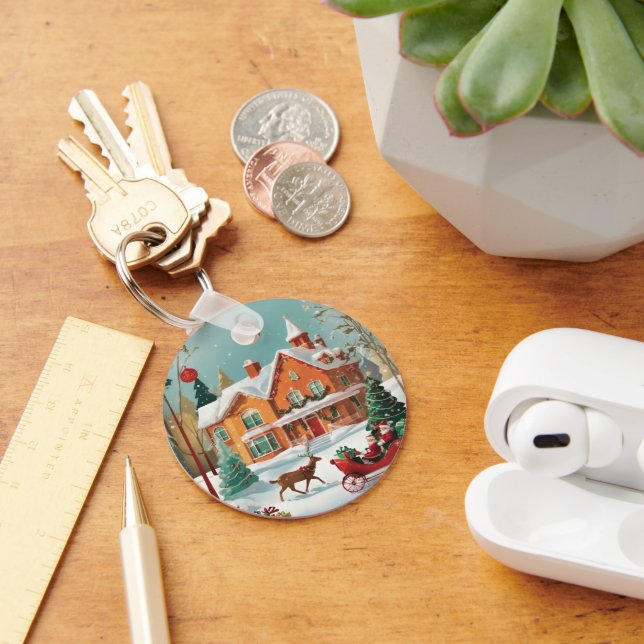 Elegant Merry Christmas Metal Circle Keychain (Desk)