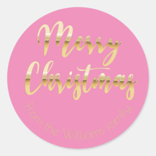 Elegant Merry Christmas metallic gold look pink Classic Round Sticker