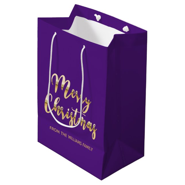 Elegant Merry Christmas metallic gold purple Medium Gift Bag (Front Angled)