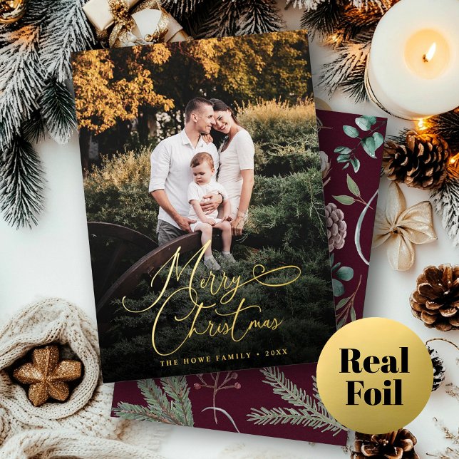 Elegant Merry Christmas Modern Photo Pine Cone Foil Holiday Card (Creator Uploaded)