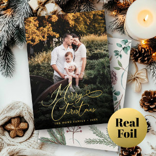 Elegant Merry Christmas Modern Photo Pine Cone Foil Holiday Card