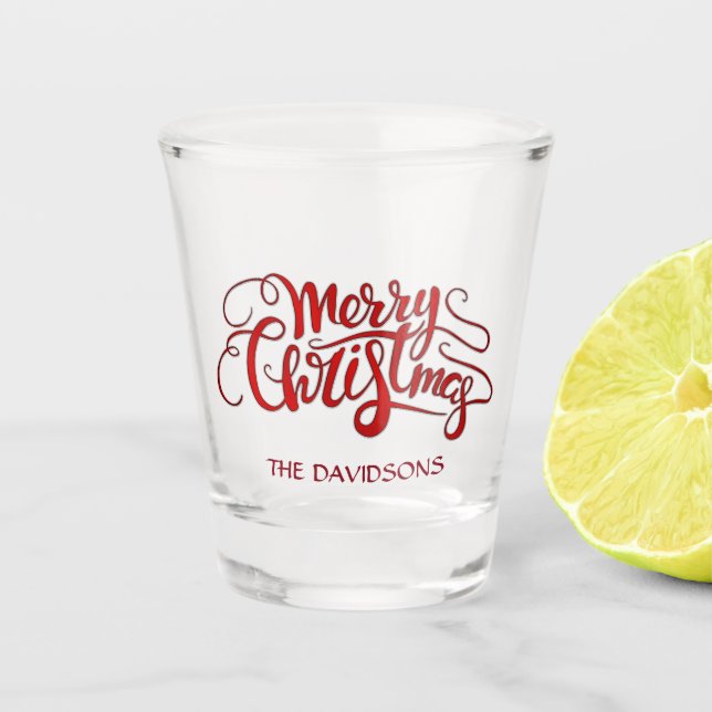 Elegant MERRY CHRISTMAS modern typography Monogram Shot Glass (Front)