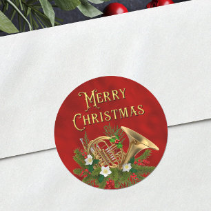 Elegant Merry Christmas Music French Horn Red Classic Round Sticker