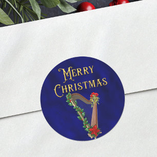 Elegant Merry Christmas Music Harp Navy Blue Classic Round Sticker