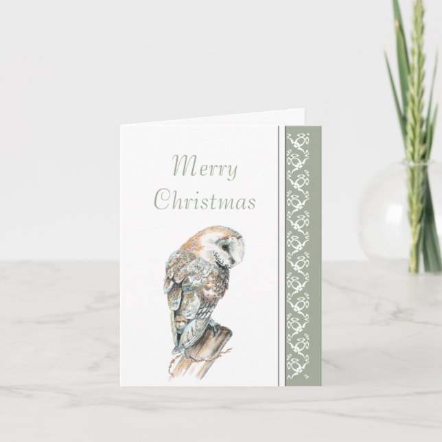 Elegant Merry Christmas Nature Barn Owl, Bird Holiday Card (Front)