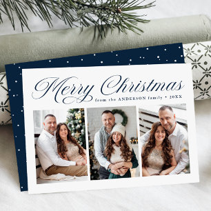 Elegant Merry Christmas Navy Calligraphy 3 Photo Holiday Card