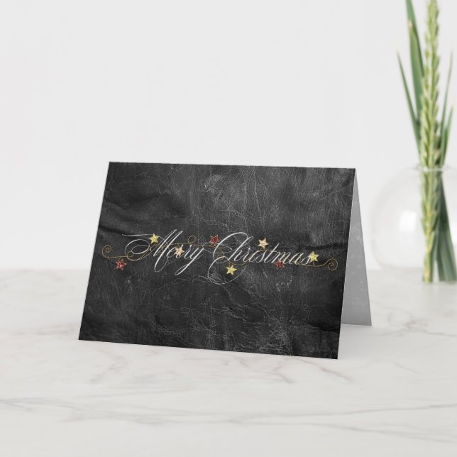 Elegant Merry Christmas On Black Leather Card (Front)