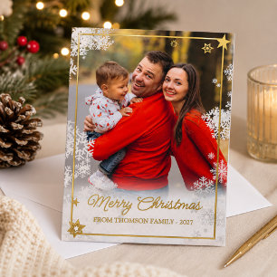 Elegant Merry Christmas Overlay Photo Snowflake Foil Holiday Card