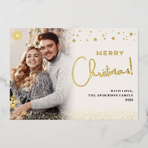 Elegant Merry Christmas Overlay Photo Snowflake Foil Holiday Card