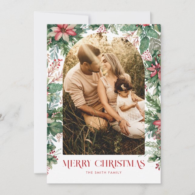 Elegant Merry Christmas Photo Arch Floral Holiday Card (Front)