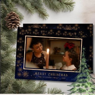 Elegant Merry Christmas Photo Blue  Holiday Card