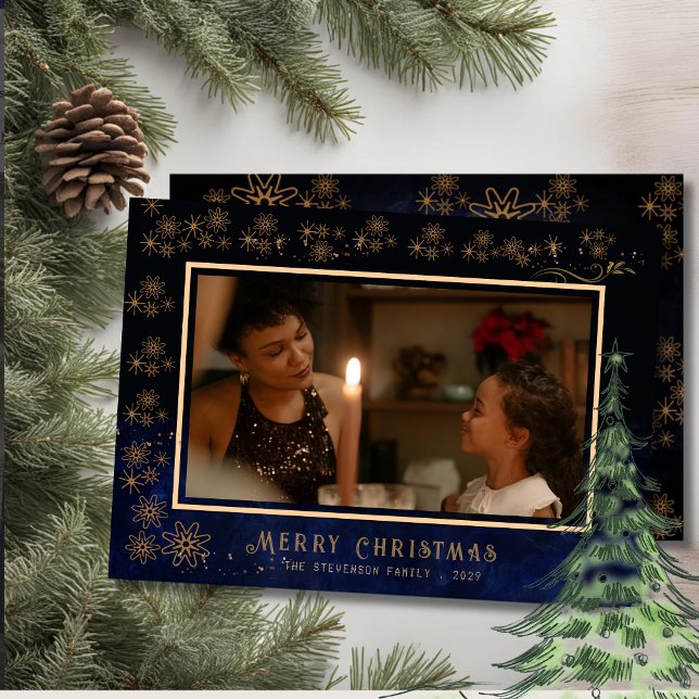 Elegant Merry Christmas Photo Blue  Holiday Card (Elegant Merry Christmas Photo Blue Holiday Card)