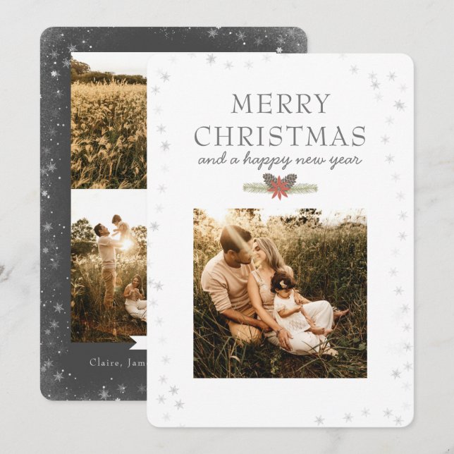 Elegant Merry Christmas Photo Collage Snowflake  Holiday Card (Front/Back)