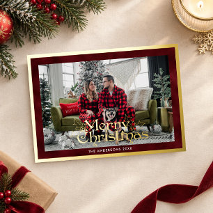 Elegant Merry Christmas Photo Red Velvet & Gold Foil Holiday Card