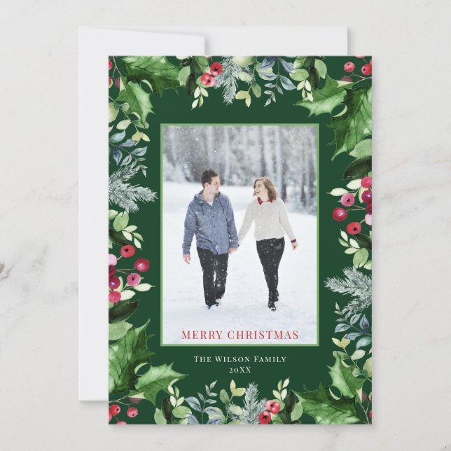 Elegant Merry Christmas Photo Watercolor Greenery Holiday Card (Front)