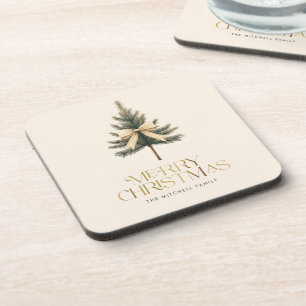 Elegant Merry Christmas Pine Tree Bow Family Coaster
