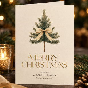 Elegant Merry Christmas Pine Tree Bow Family Holiday Card