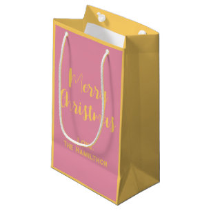 Elegant Merry Christmas Pink & Soft Gold Small Gift Bag