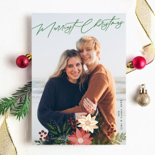 Elegant Merry Christmas Poinsettia Festive Photo Holiday Card