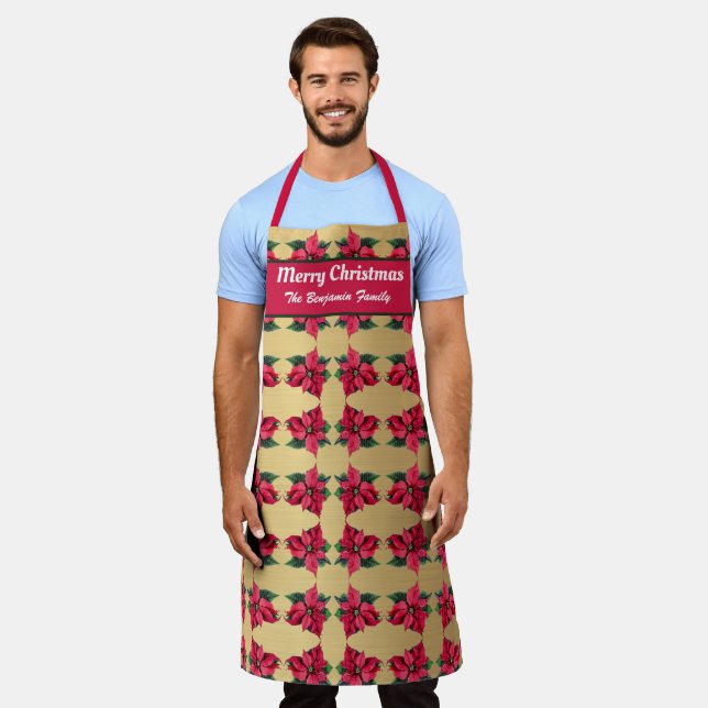 Elegant Merry Christmas Poinsettia Personalise  Apron (Worn)
