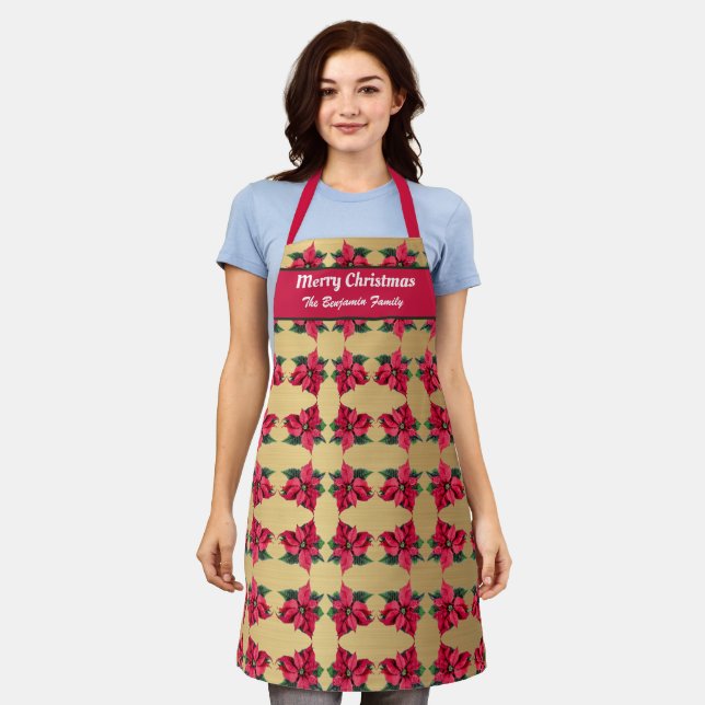 Elegant Merry Christmas Poinsettia Personalise  Apron (Worn)