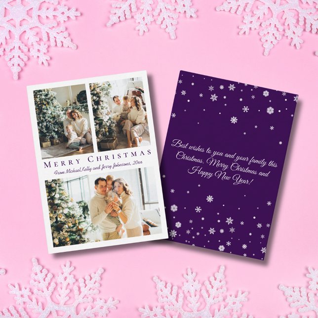 elegant merry christmas purple 3 photos collage  card (Creator Uploaded)