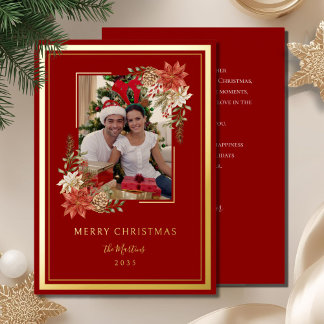 Elegant Merry Christmas Red and Gold Photo Foil Holiday Card