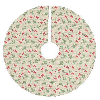 Elegant Merry Christmas Red and Green Holly Berry Brushed Polyester Tree Skirt