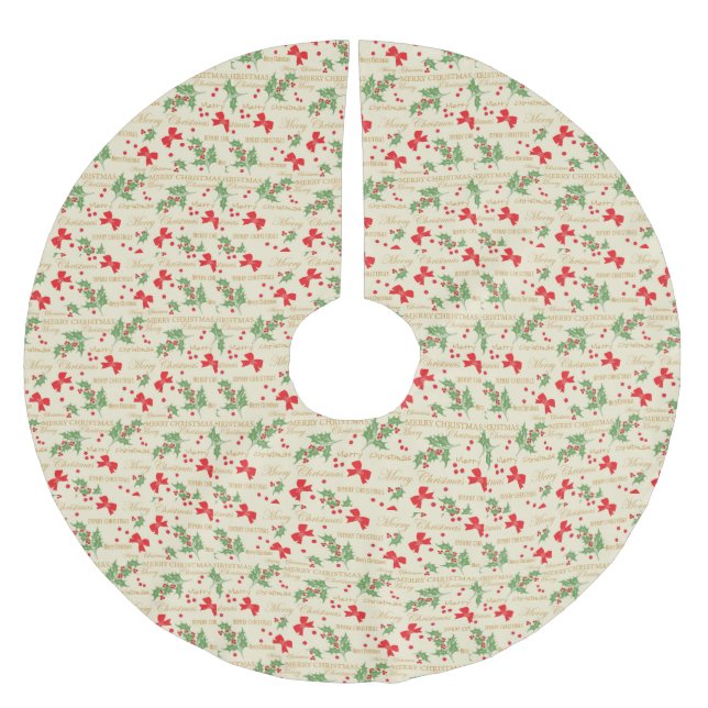 Elegant Merry Christmas Red and Green Holly Berry Brushed Polyester Tree Skirt (Front)