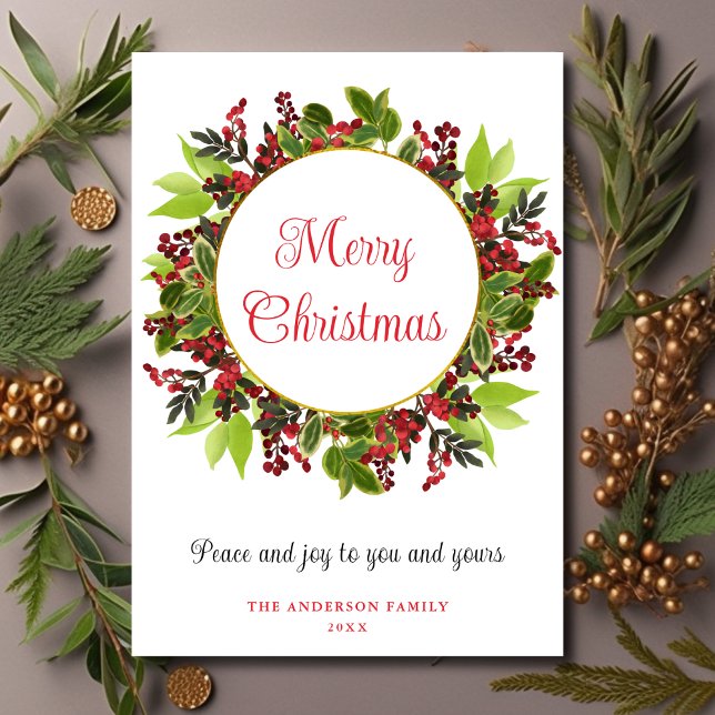 Elegant Merry Christmas Red Berries Holiday Card (Creator Uploaded)