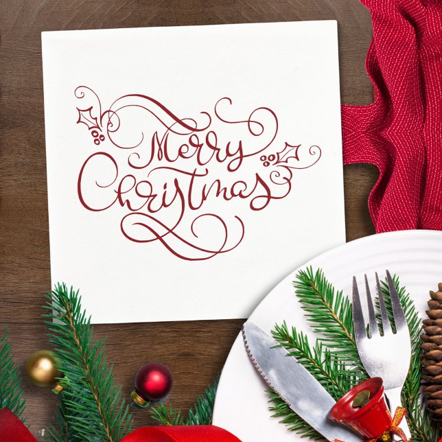 Elegant Merry Christmas Red Fancy Script Napkin (Creator Uploaded)